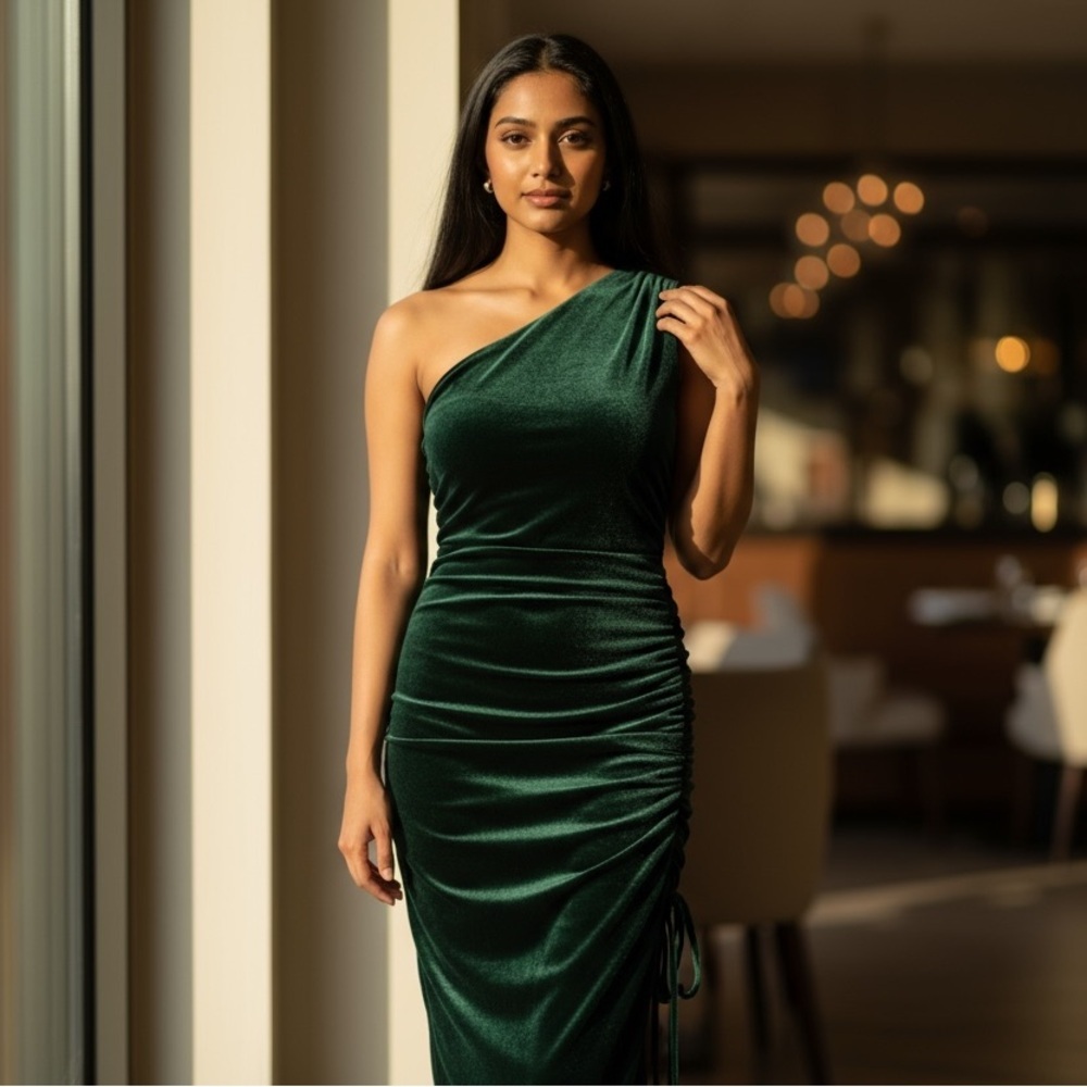 NWT HOUSE OF HARLOW 1960 Luxe Velvet Ruched One Shoulder Midi Dress L